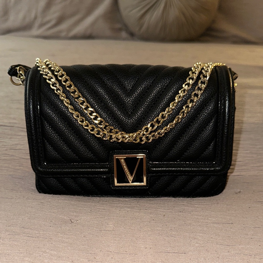 Victoria's Secret Black Chevron Crossbody Bag with Gold Chain